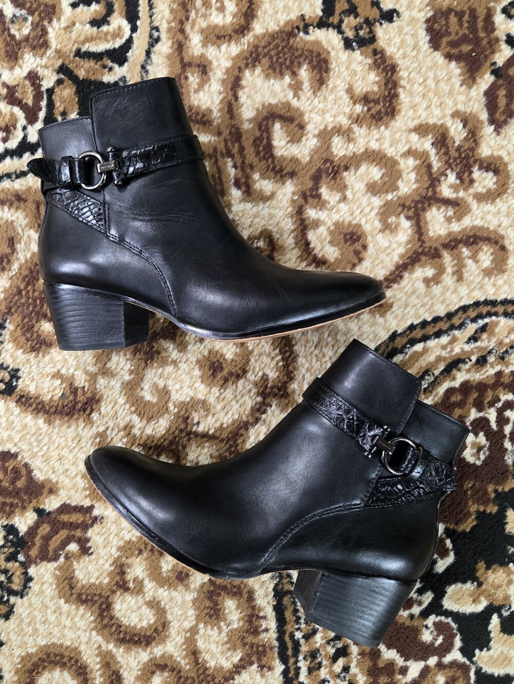 Coach Black Leather Ankle Booties Snakeskin Straps Harness Boots